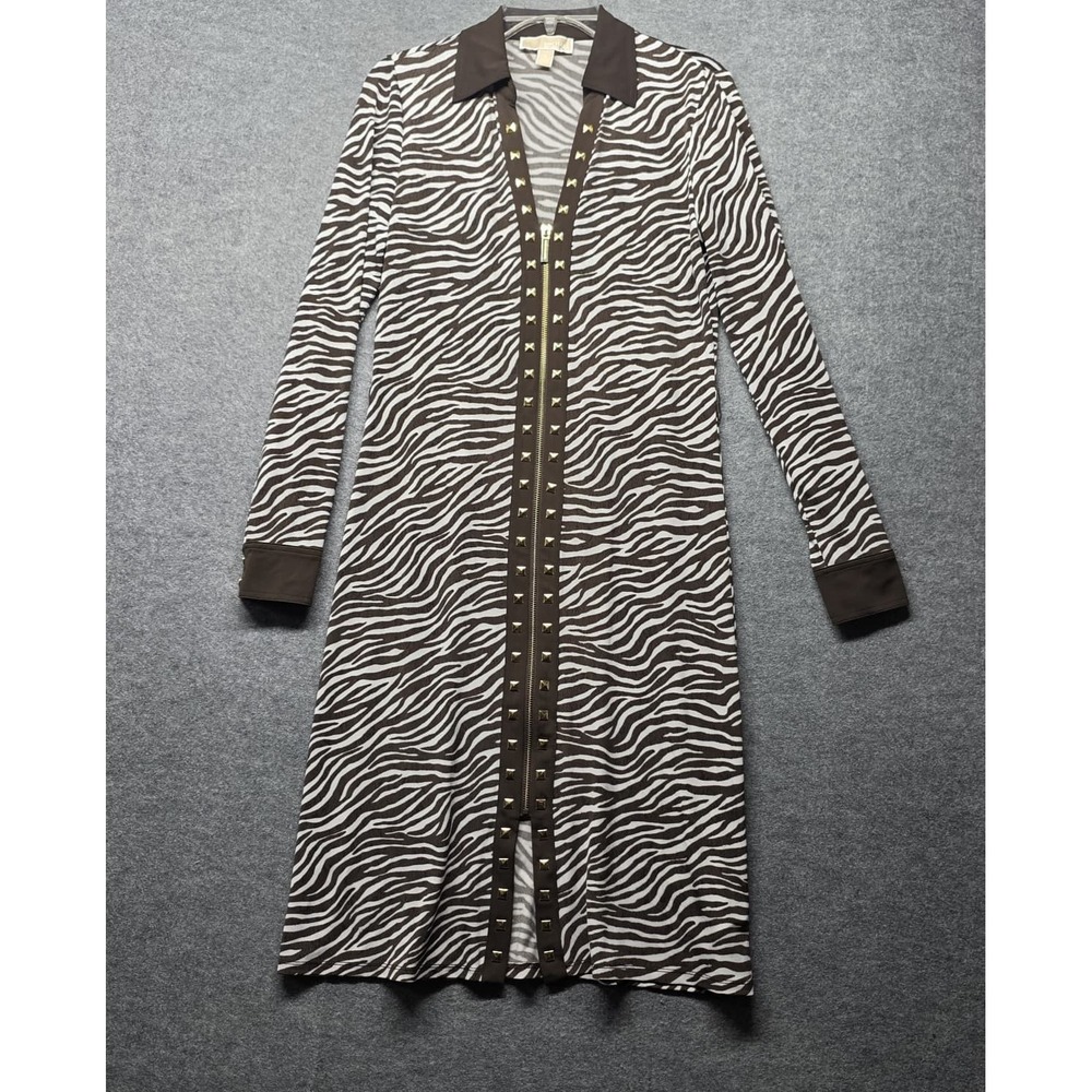 Michael Kors Zebra Print Long Cardigan Duster Black White Gold Stud Trim Size S